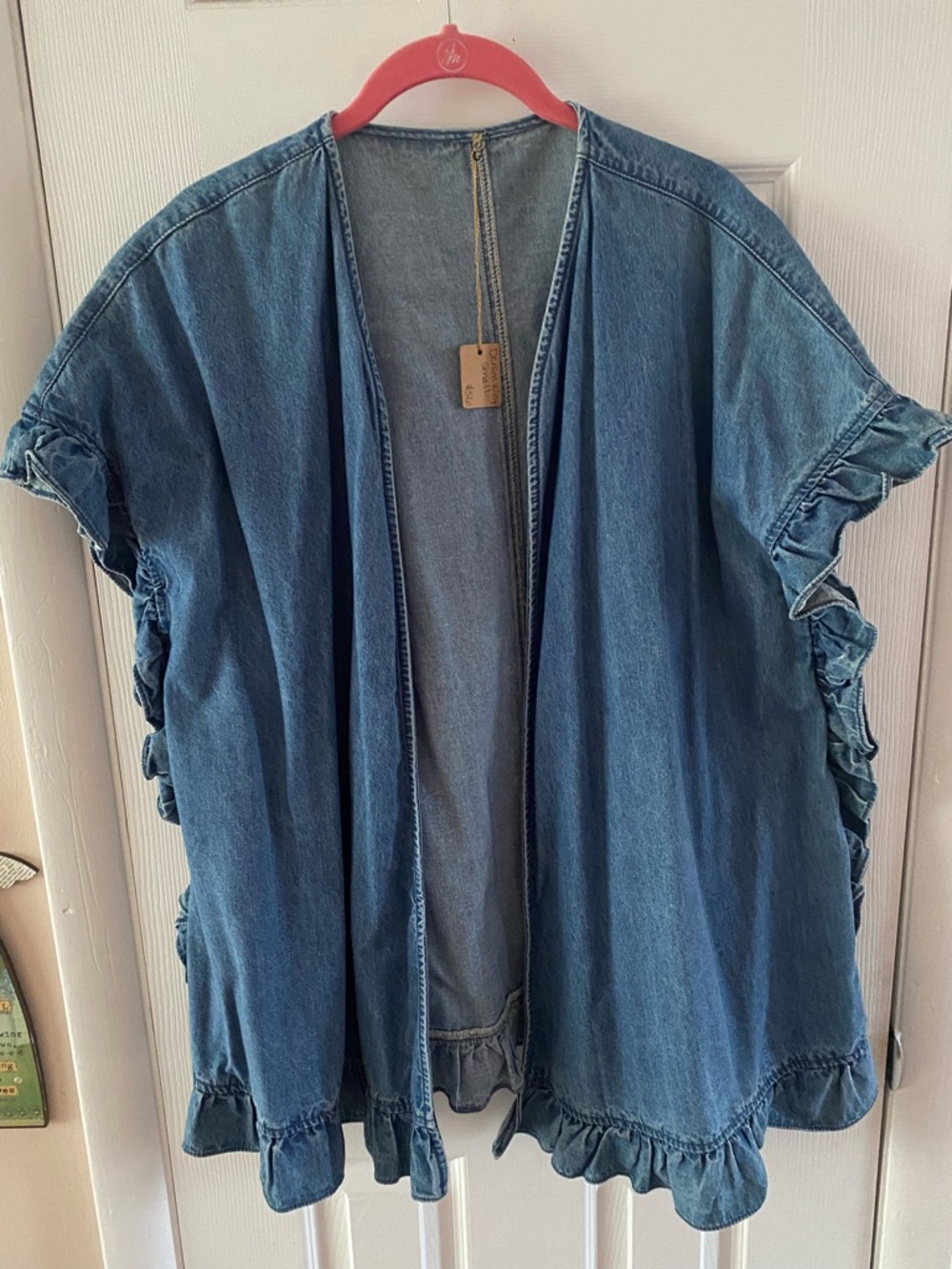 Denim Open-Front Ruffle Trim Jacket/Cardigan - Picture 2 of 3